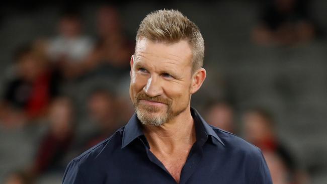 MELBOURNE, AUSTRALIA - MARCH 05: Nathan Buckley is seen commentating for FOX Footy during the 2022 AFL Community Series match between the Essendon Bombers and the St Kilda Saints at Marvel Stadium on March 5, 2022 In Melbourne, Australia. (Photo by Michael Willson/AFL Photos via Getty Images)