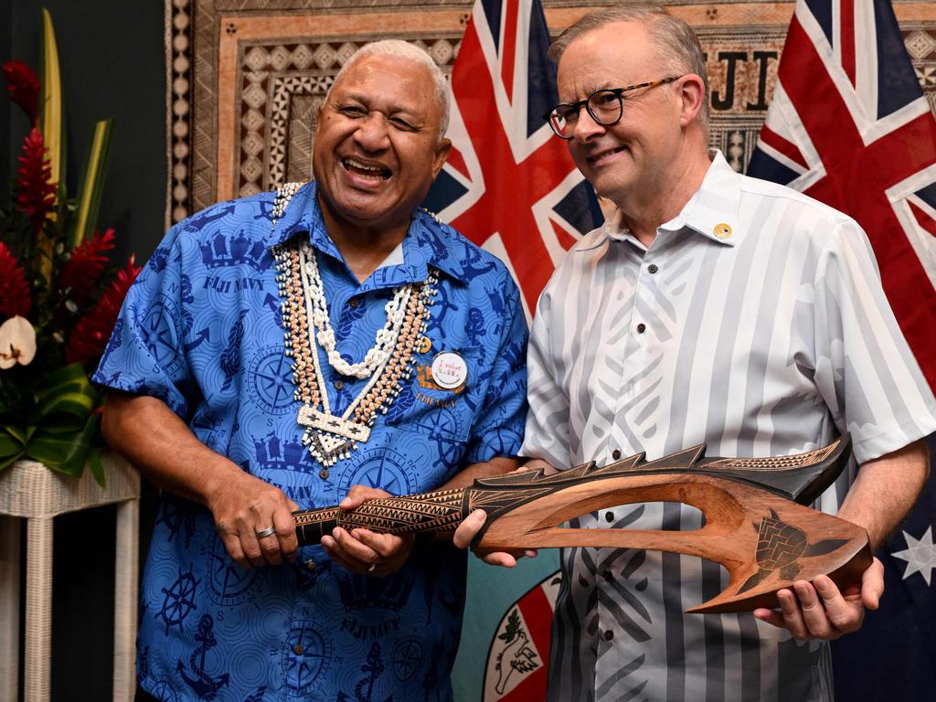 Fijian Prime Minister Frank Bainimarama has welcomed Australian Prime Minister Anthony Albanese’s climate targets but says more needs to be done. Picture: William West / AFP