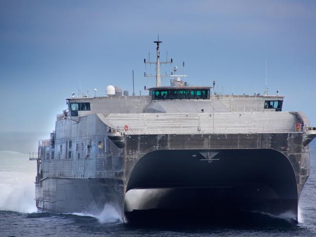 US Navy’s Joint High Speed Vessel (JHSV) during sea trials. This vessel (which is actually designed in Australia and built in the USA by Austal Ships of WA) uses the RAC Plus panelling produced by CBG Systems - I checked with the managing director Javier Herbon to make sure I have the right vessel. Also attached is a much lower-res one of three at shipbuilder Austal USA's Mobile, Alabama, yard.