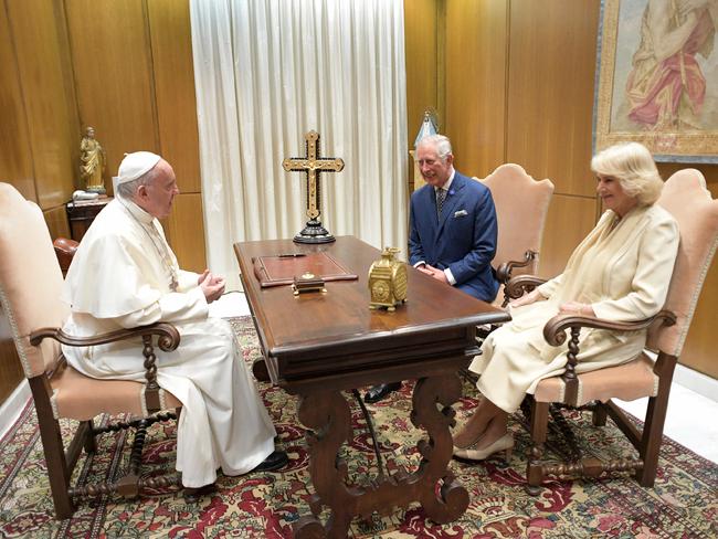 Pope Francis (L) speaking with then Prince Charles and his wife Camilla, Duchess of Cornwall, during a private audience on April 4, 2017 at the Vatican. Picture: AFP Photo