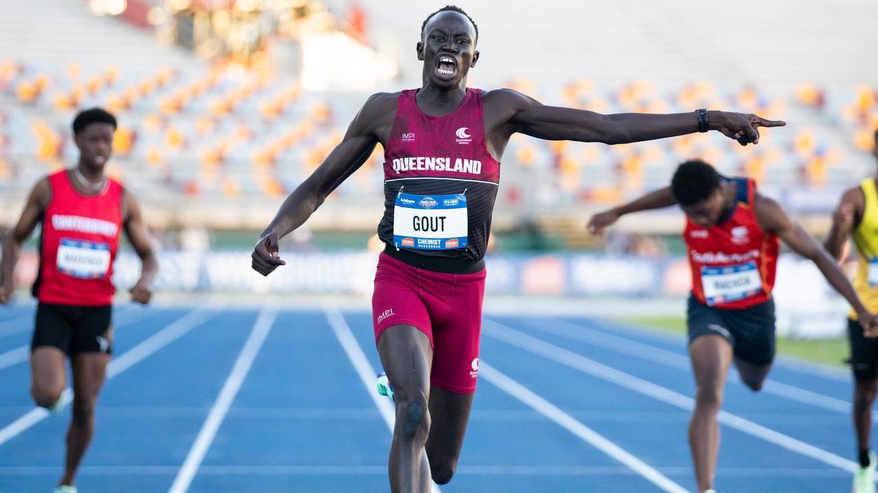 As a 15-year-old, Gout Gout became Australia’s fastest ever boy over 200m, posting a time of 20.87-seconds at the Australian Junior Athletics Championships at Queensland Sports and Athletics Centre. Picture: Casey Sims