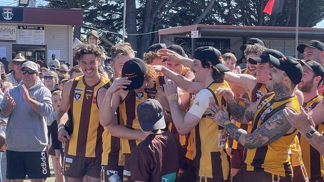 Inverleigh players celebrate Jye McEwin being named best on ground against East Geelong. Picture: Ben Cameron