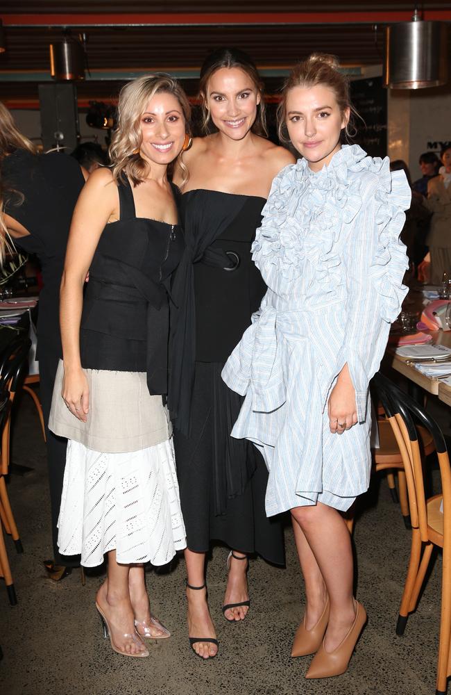 Julia Ritorto , Rachael Finch and Kathryn Forth pictured at the MYER Acler 2018 fashion preview lunch held at No.1 Bents street in Sydney as part of 2017 MBAFW. Picture: Richard Dobson
