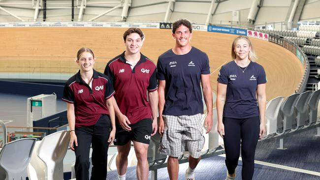 L to R, Teya Rufus BMX racing, Ryan Elliott Track Sprint Cyclist, Jesse Asmus - BMX racing, Molly McGill Track Sprint Cyclist, in the Anna Meares Velodrome, Sleeman Sports Complex, on Thursday 5th December 2024 - Photo Steve Pohlner