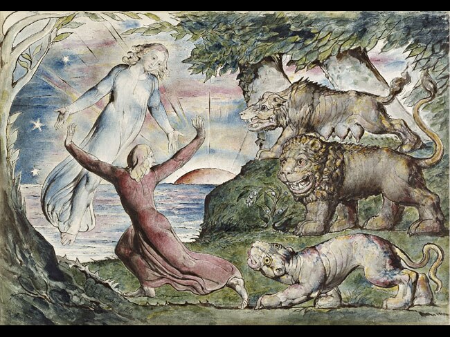 <p><em>Dante running from the three beasts</em> (1824–27), William Blake.</p> <a href="http://www.theaustralian.com.au/news/arts/splendid-vision-of-britains-masters-of-watercolour/story-fn9n8gph-1226221857159">SPLENDID VISION</a>