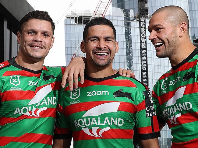 South Sydney players James Roberts, Cody Walker and Braidon Burns with the new Crown Sydney in the background. Picture: Brett Costello