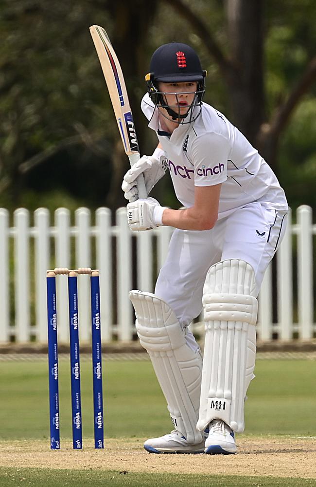 Rocky Flintoff, the son of former England cricketer Freddie Flintoff, playing against Australia A at Ian Healy Oval. Picture: Lyndon Mechielsen