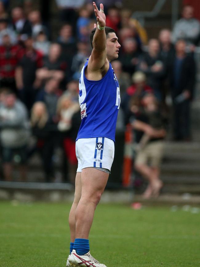 Luke Hewitt of Hastings celebrates a goal during the Nepean grand final. Picture: Mark Dadswell