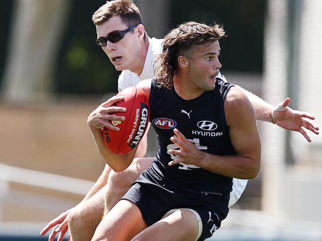 Lachlan Cowan in action for the Blues during their practice match with Collingwood. Pic: Michael Klein