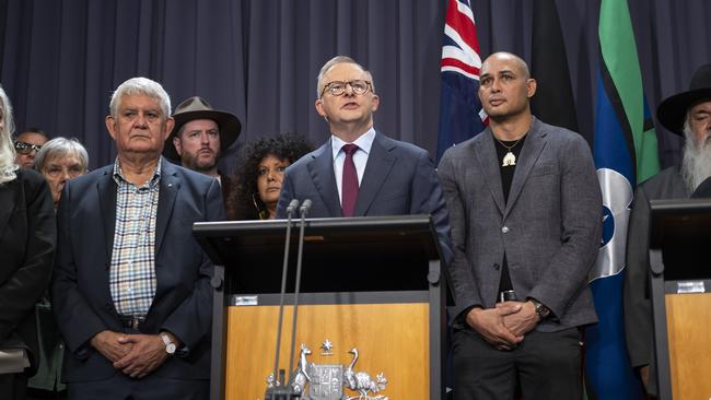 Thomas Mayo (right) stands by Prime Minister Anthony Albanese’s side as the official wording of the referendum question was announced in March. Picture: NCA NewsWire / Martin Ollman