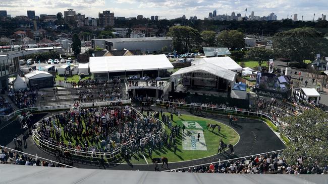 The Everest field is paraded before the feature event. Picture: AAP