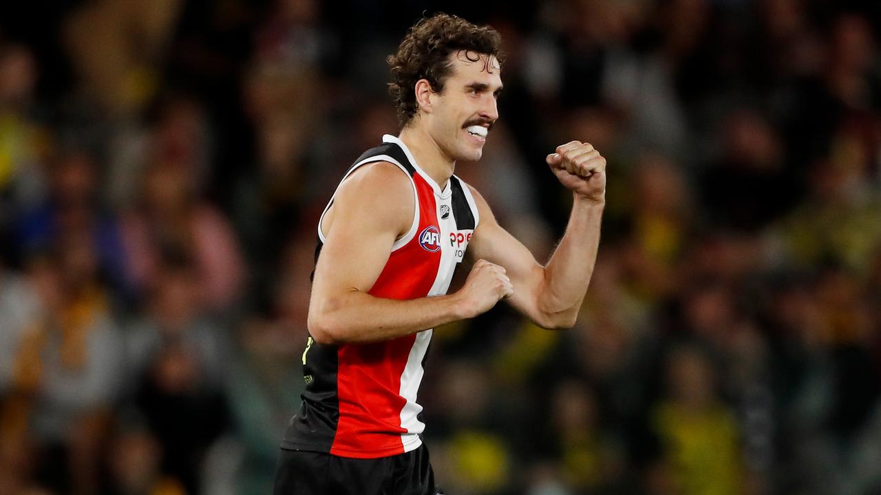 MELBOURNE, AUSTRALIA - APRIL 03: Max King of the Saints celebrates a goal during the 2022 AFL Round 03 match between the St Kilda Saints and the Richmond Tigers at Marvel Stadium on April 03, 2022 In Melbourne, Australia. (Photo by Dylan Burns/AFL Photos via Getty Images)