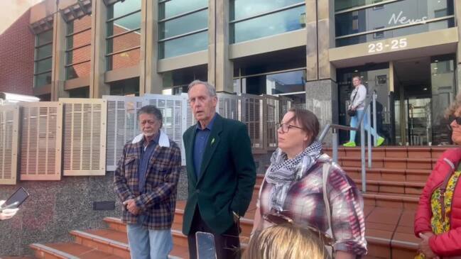 Environmentalist Bob Brown outside Hobart Magistrates Court on Wednesday