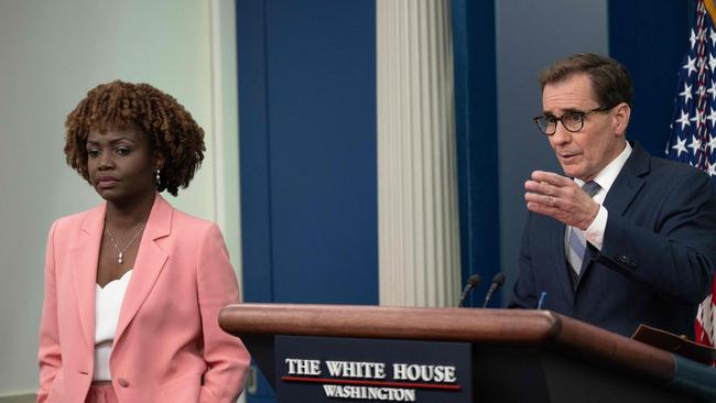 National security spokesman John Kirby and White House spokeswoman Karine Jean-Pierre during the daily press briefing on Monday. Picture: AFP