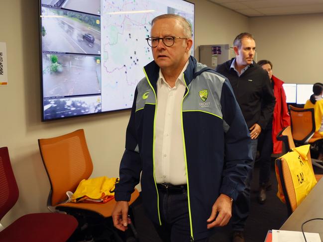 Prime Minister Anthony Albanese during a visit to the Logan disaster management centre. Picture: Getty Images