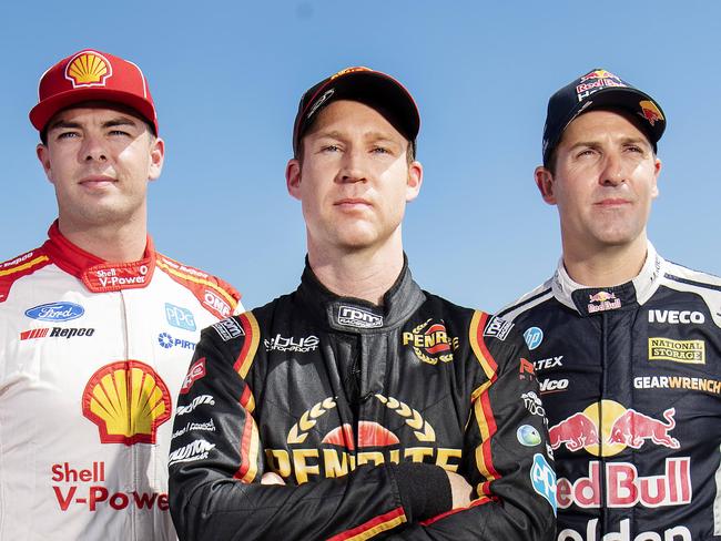 Shell V-Power Racing Team's Scott McLaughlin, Penrite Racing's David Reynolds  and Red Bull Holden Racing Team's Jamie Whincup on the Tarmac at Hidden Valley Race Course ahead of this Weekend's BetEasy Darwin Triple Crown, Thursday, June 13, 2019Picture: KERI MEGELUS