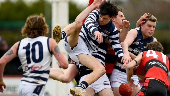 Crashing the pack during the Romsey-Macedon clash. Picture: Josh Chadwick