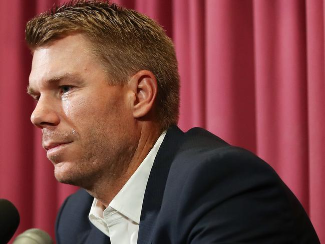 SYDNEY, AUSTRALIA - MARCH 31:  Australian cricketer David Warner speaks to the media during a press conference at Cricket NSW Offices on March 31, 2018 in Sydney, Australia. Warner was banned from cricket for one year by Cricket Australia following the ball tampering incident in South Africa.  (Photo by Brendon Thorne/Getty Images)