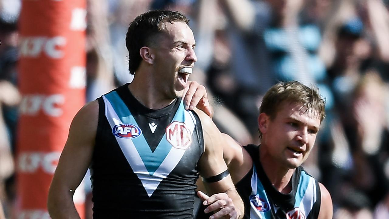 Francis Evans enjoys a goal against Richmond. Picture: Mark Brake/Getty Images