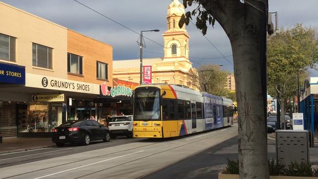 Glenelg’s main street, Jetty Rd, pictured after work to replace the tram tracks. Picture: Eugene Boisvert