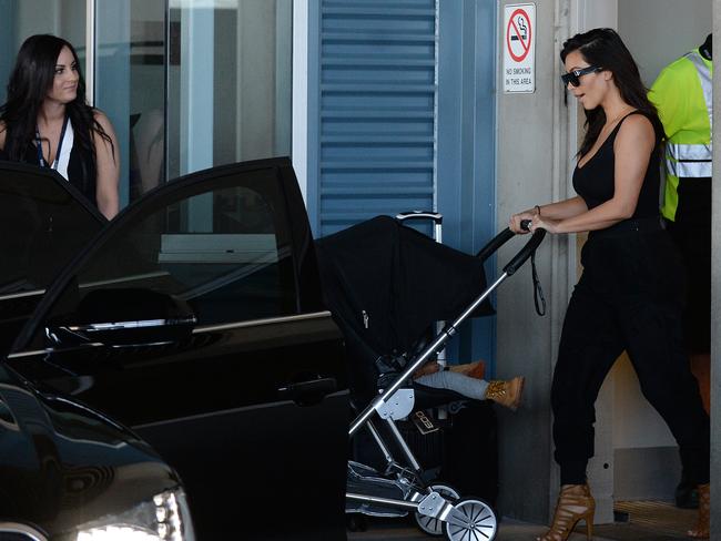 Kim Kardashian and Kanye West arrive at Adelaide Airport. Picture: Naomi Jellicoe