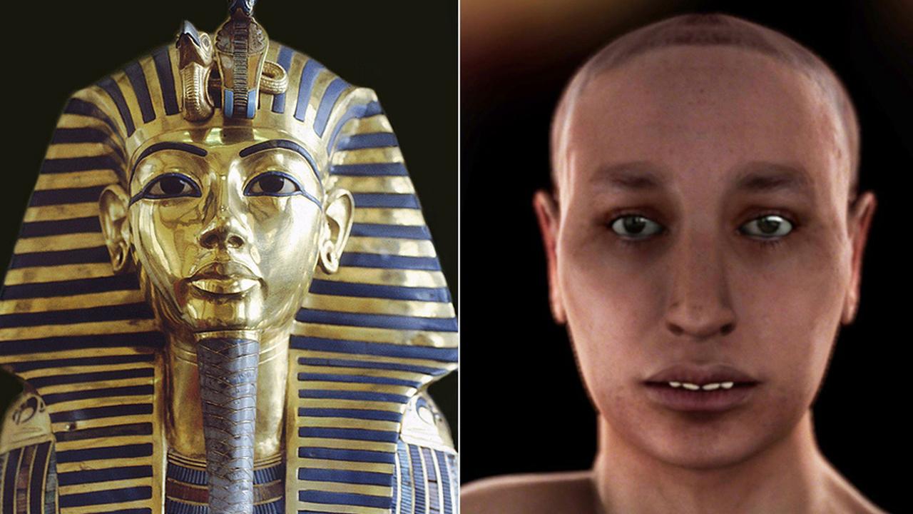 Archaeologists have reassessed the likelihood that this death mask was made for King Tut, thought to resemble the computer-generated image on the right.