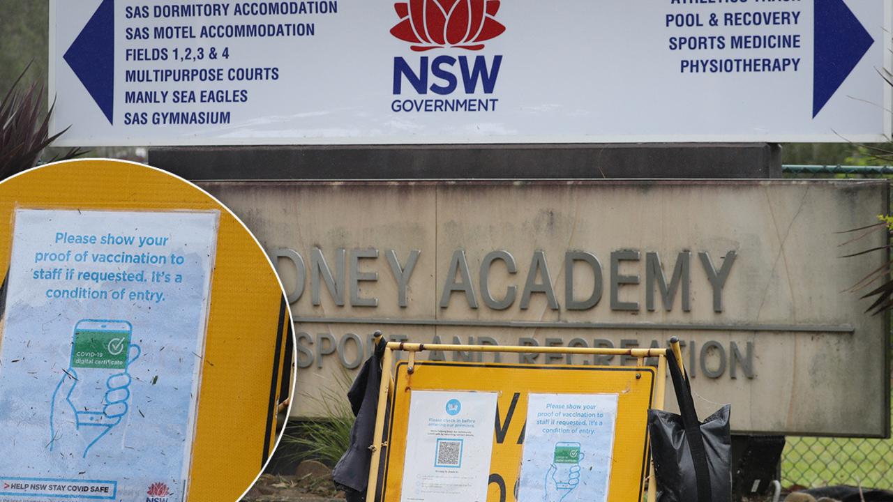 A sign at the Sydney Academy of Sport informing all visitors to have their proof of Covid vaccination ready to show. Picture: John Grainger