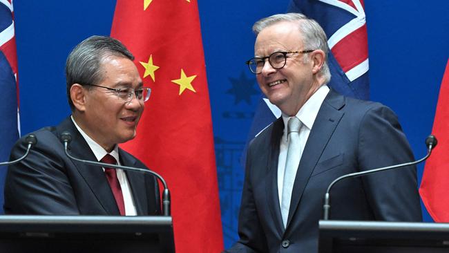 Chinese Premier Li Qiang and Anthony Albanese in Canberra last month. Picture: AFP