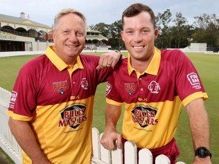 L to R, Ian Healy and Jimmy Peirson, Unveiling of the Queensland Bulls retro jersey which is a replica of the strip  they wore in the 1989 FAI Cup final win, Albion, on Thursday August 29, 2019 - Photo Steve Pohlner