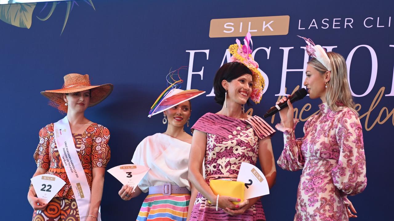 Allison Harvy speaks with host Amanda Pernechele at the 2021 Darwin Cup Carnival Fashions on the Field. Picture: Julianne Osborne