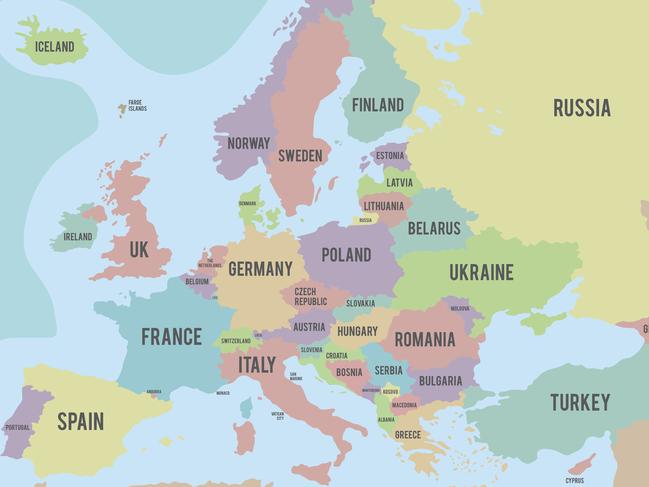 Political map of Europe with different colors for each country and names in English. Vector illustration.