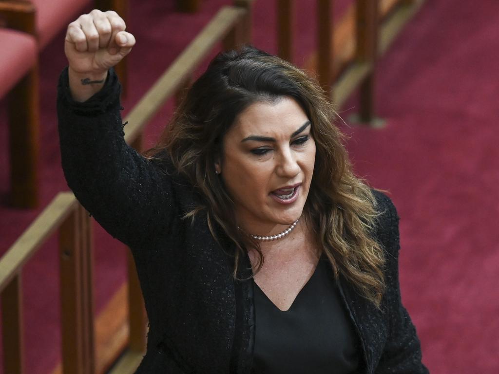 CANBERRA, AUSTRALIA, NewsWire Photos. JUNE 19, 2023: Senator Lidia Thorpe leaving the chamber as the Constitution Alteration (Aboriginal and Torres Strait Islander Voice) 2023 passes in the Senate at Parliament House in Canberra. Picture: NCA NewsWire / Martin Ollman