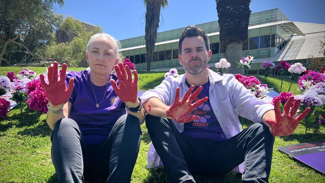 Ministers Kate Worden and Chansey Paech at the Day of Action against family and domestic violence rally at the Alice Springs courthouse lawns. Picture: Fia Walsh