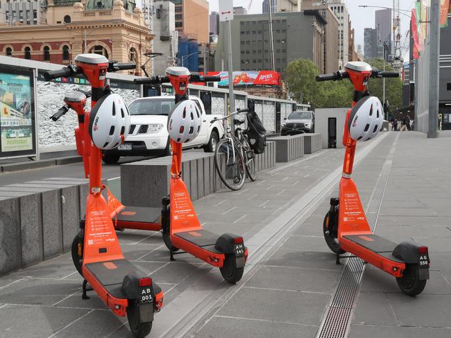 Only a few hire scooters remain on the streets of Melbourne CBD as a ban kicks in and they have been ordered to be removed. Tuesday, September 24. 2024. Picture: David Crosling