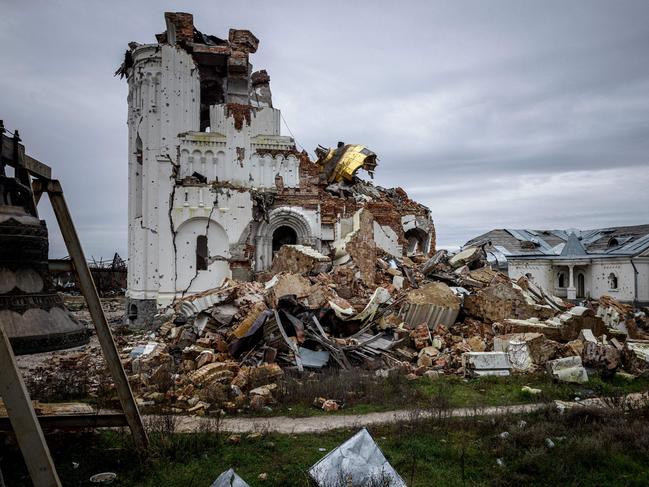 TOPSHOT - This photograph taken on November 2, 2022, shows a part of the destroyed Orthodox Svyato-Heorhiyivs?kyy Skyt of the Sviatohirsk Cave Monastery in the village of Dolina near Svyatohirs'k, Donetsk region, amid the Russian invasion of Ukraine. (Photo by Dimitar DILKOFF / AFP)