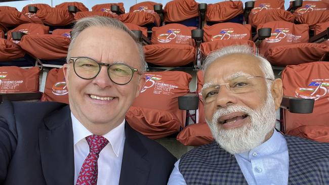 Prime Minister Anthony Albanese seated beside Indian Prime Minister Narendra Modi on the first day of the Fourth Test match in the series between India and Australia at Sardar Patel Stadium in Ahmedabad, India.