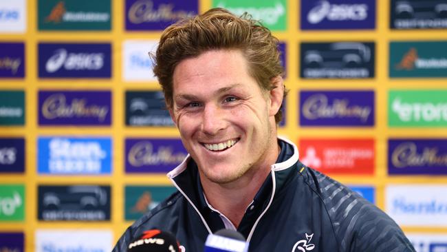 GOLD COAST, AUSTRALIA - JUNE 25: Co-captain Michael Hooper speaks to media during the Australian Wallabies Rugby Championship squad announcement at Sanctuary Cove on June 25, 2023 in Gold Coast, Australia. (Photo by Chris Hyde/Getty Images)