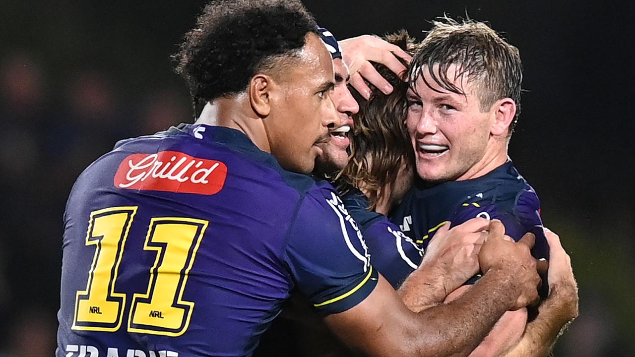 SUNSHINE COAST, AUSTRALIA - SEPTEMBER 10: Storm players celebrate winning the NRL Qualifying Final between the Melbourne Storm and the Manly Warringah Sea Eagles at Sunshine Coast Stadium on September 10, 2021, in Sunshine Coast, Australia. (Photo by Bradley Kanaris/Getty Images)