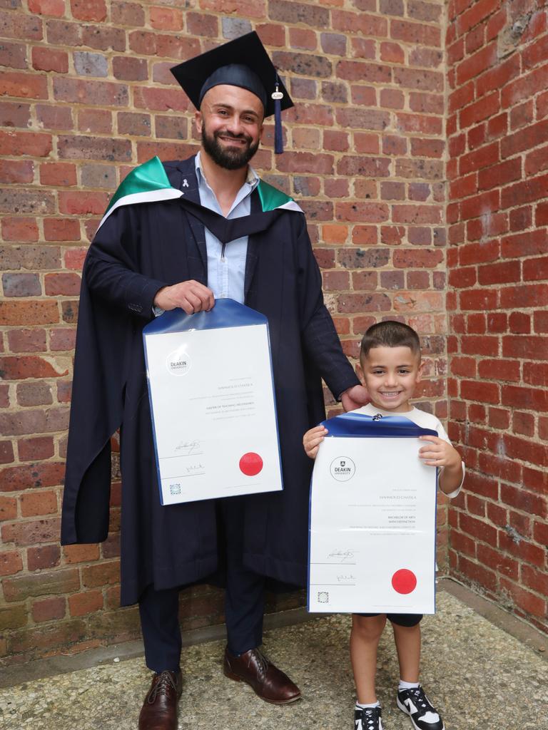 Graduate Mahmoud Chatila with son Malik, 4. Picture: Mark Wilson