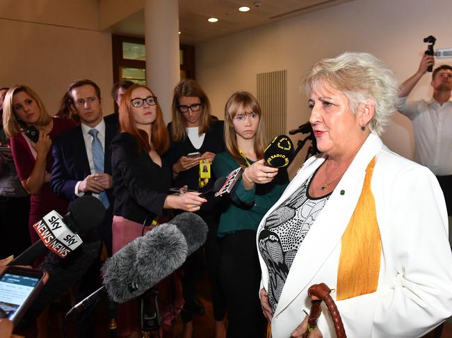 Nationals Whip Michelle Landry announcing the results of the Nationals leadership meeting. Picture: Mick Tsikas/AAP