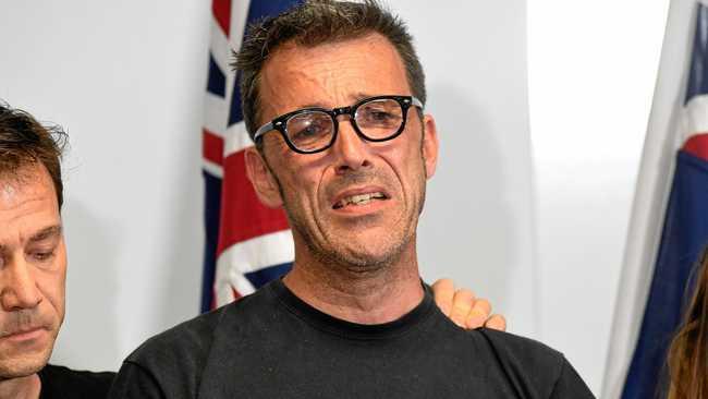 Missing Belgium backpacker Theo Hayez's father Laurent Hayez talks at a press conference at Tweed Heads flanked by Theo's godfather Jean-Phillippe Pector and Theo's cousin Lisa Hayez. Picture: Marc Stapelberg