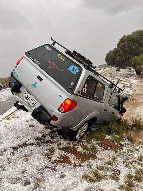 A 4WD that slid off the road as the storm hit Port Augusta. Picture: Thomas McKerlie