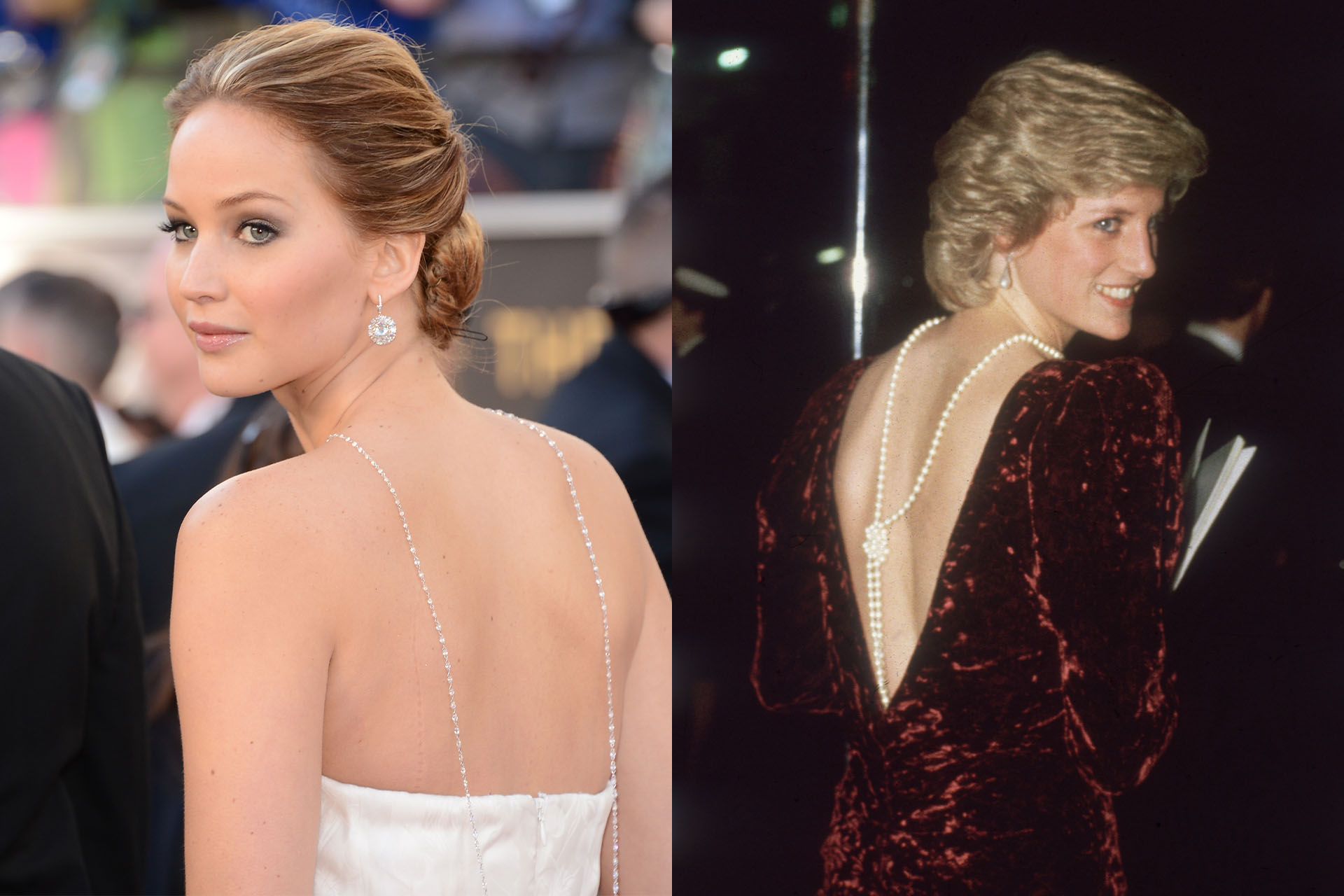 <h3>Jennifer Lawrence</h3><p>Sometimes, channelling Princess Diana is all in the accessories alone. When Jennifer Lawrence walked the red carpet at the 2013 Oscars in that iconic Christian Dior gown, we all took notice of the delicate Chopard back necklace she paired the dress with. But it isn&rsquo;t the first time we&rsquo;ve seen this move&mdash;Princess Diana first draped a strand of knotted pearls down her back while wearing a backless, red velvet gown by Catherine Walker at the&nbsp;<em>Back to the Future&nbsp;</em>premiere in 1985. Timeless and elegant.</p>