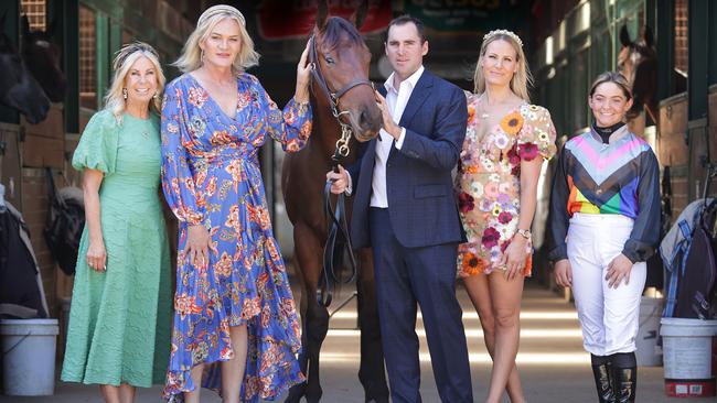 Trainer Archie Alexander, Project Pride manager Annie Alexander, jockey Paige Hopper and ambassadors Donna Leckie and Danielle Laidley with the Pride filly. Picture: David Caird