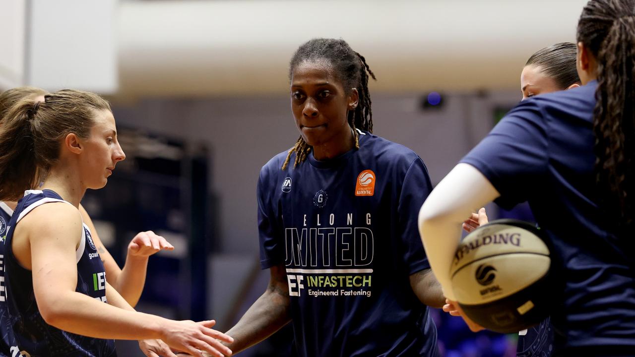 GEELONG, AUSTRALIA - OCTOBER 30: Lynetta Kizer of Geelong United reacts during the round one WNBL match between Geelong United and Townsville Fire at The Geelong Arena, on October 30, 2024, in Geelong, Australia. (Photo by Kelly Defina/Getty Images)