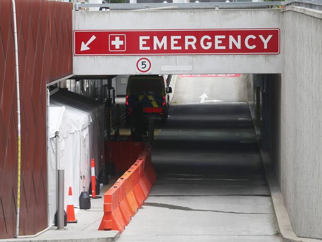 Ambulances who deliver patients to the Royal Hobart Hospital now have less space in the ambulance bay due to tents erected for future COVID patients.  Picture: Nikki Davis-Jones