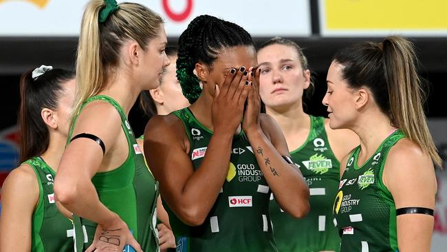 West Coast Fever players look dejected after losing the Super Netball grand final in October. On Monday, the league found the club had rorted the salary cap in the 2018 and 2019 seasons Picture: Getty Images