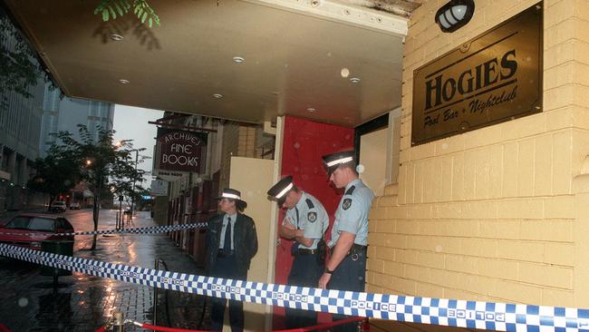 Police outside Hogies nightclub in May 1997 after a series of stabbings.