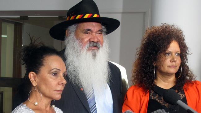 Labor parliamentarians Linda Burney, left, Pat Dodson and Malarndirri McCarthy speaking about Closing the Gap last week. Picture: AP