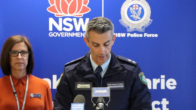 Lake Macquarie Police District Commander, Superintendent Danny Sullivan APM speaking to the media on Thursday. Supplied.